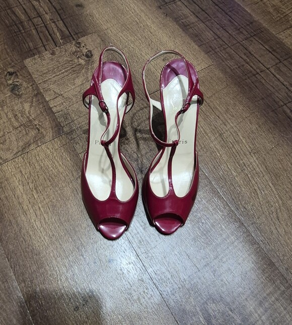 Christian Louboutin Shoes - Christian Louboutin Red Patent Peep-Toe Slingback Heels Size 38.5